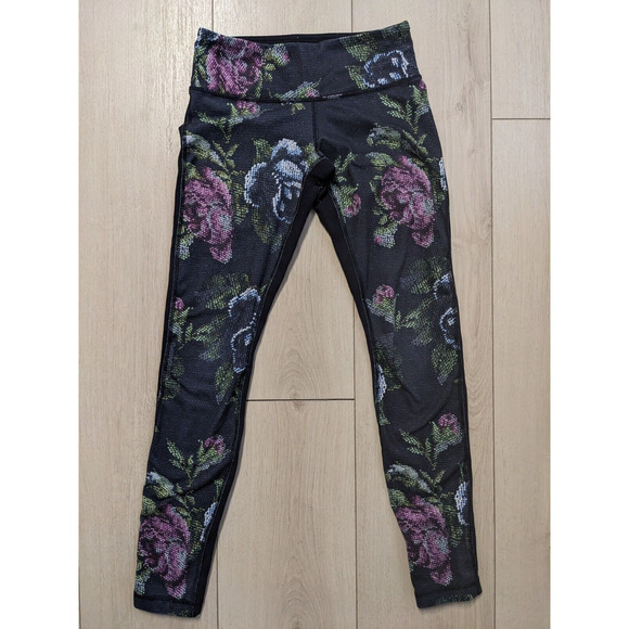 Lululemon Size 4 Wunder Under Pants Leggings Black Pink Full On Luon Garden - Picture 2 of 11